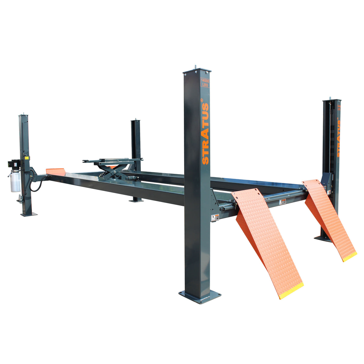 Stratus SAE-414 four-post lift with two orange ramps and 14000 LBS post decals, shown with an optional rolling bridge jack