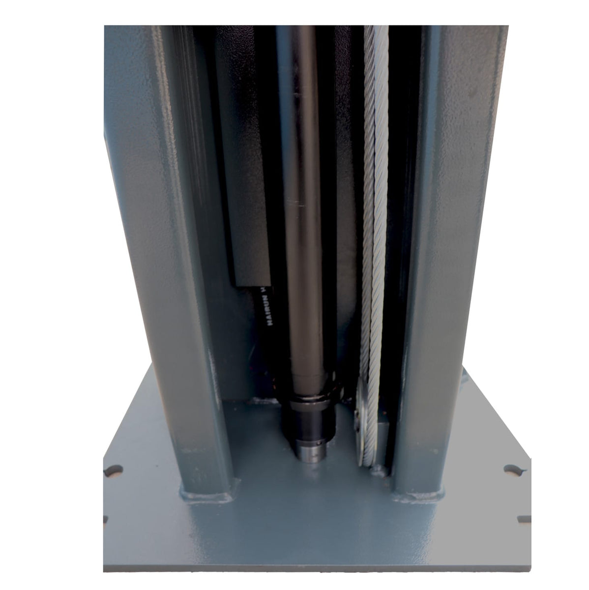 Column base plate with cylinder foot, cable sheave, and anchor-bolt slots