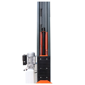 Hydraulic cylinder and lifting cable inside the column, power unit at the base