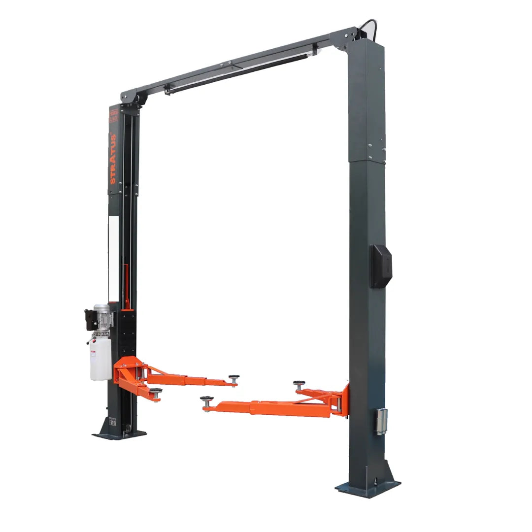 Stratus SAE-C10P two-post lift, three-quarter view with arms extended and side power unit