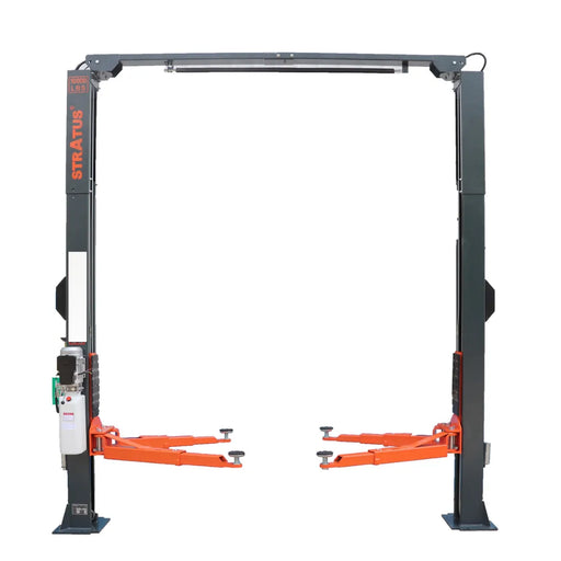 Stratus SAE-C10P clear-floor two-post lift, front view, power unit on the left column