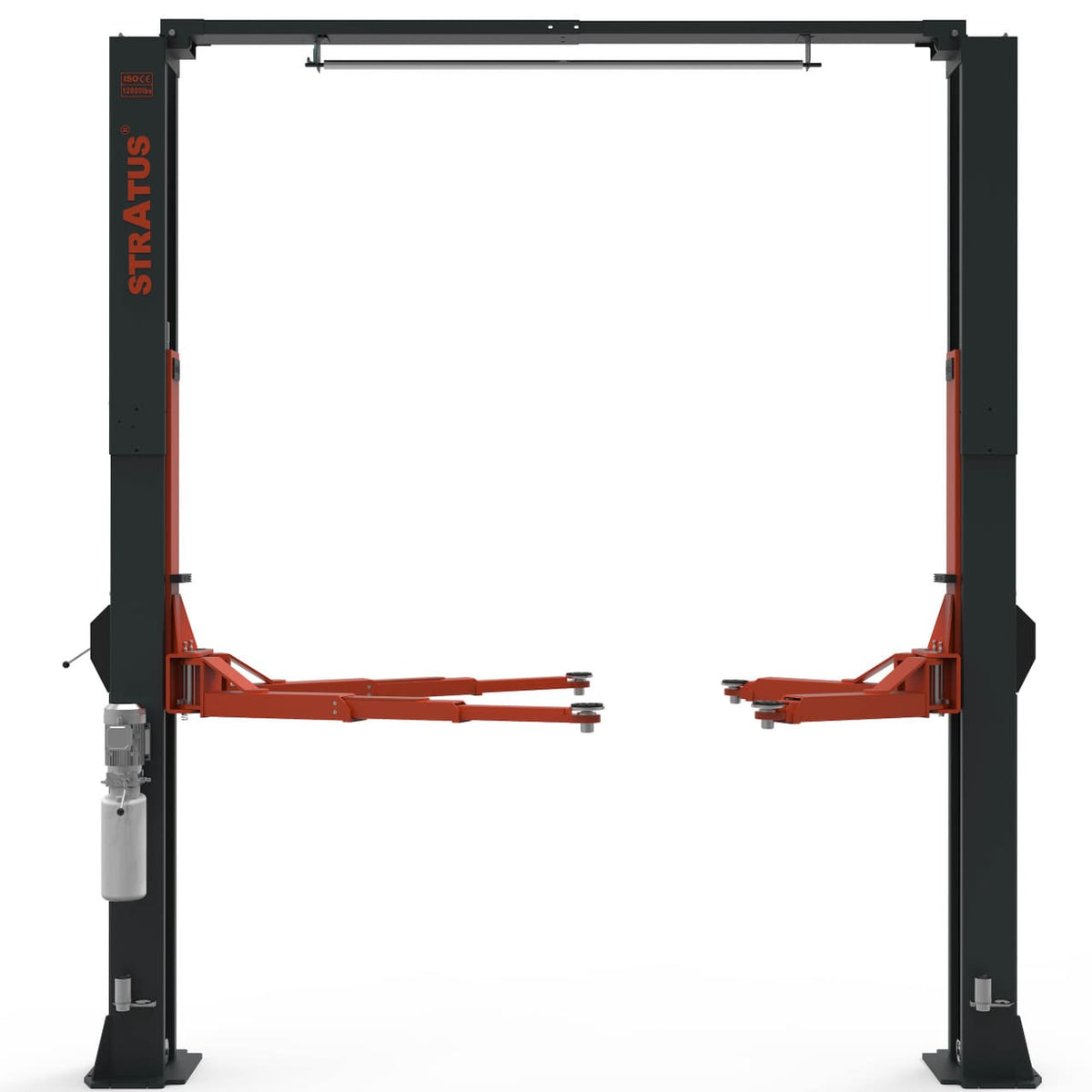 Stratus SAE-C12X two-post lift, front view, with red swing arms and column-mounted power unit