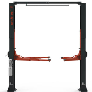 Stratus SAE-C12X two-post lift, front view, with red swing arms and column-mounted power unit