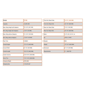 Stratus SAE-C12X specification table: capacity, lifting heights, arm reach, motor, and shipping data