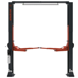 Front view of the Stratus SAE-C14X two-post lift with overhead beam and arms lowered