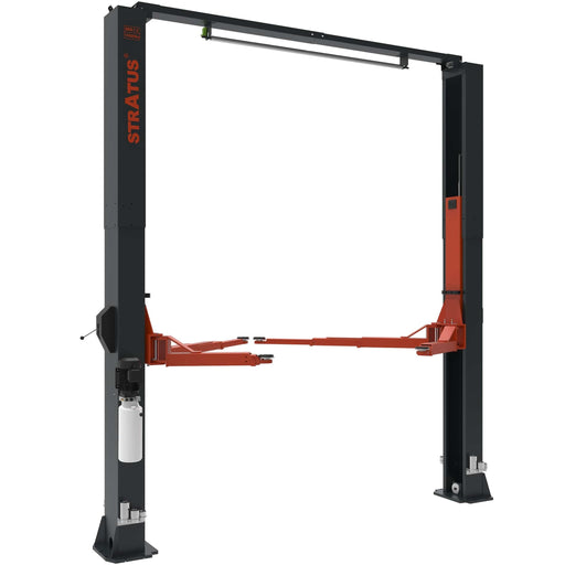 Stratus SAE-C14X two-post overhead clear-floor lift, full unit on a white background