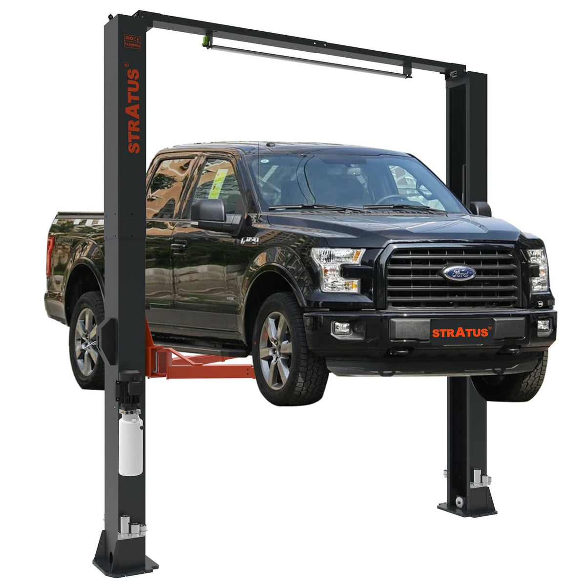 Stratus SAE-C14X two-post lift raising a full-size pickup truck