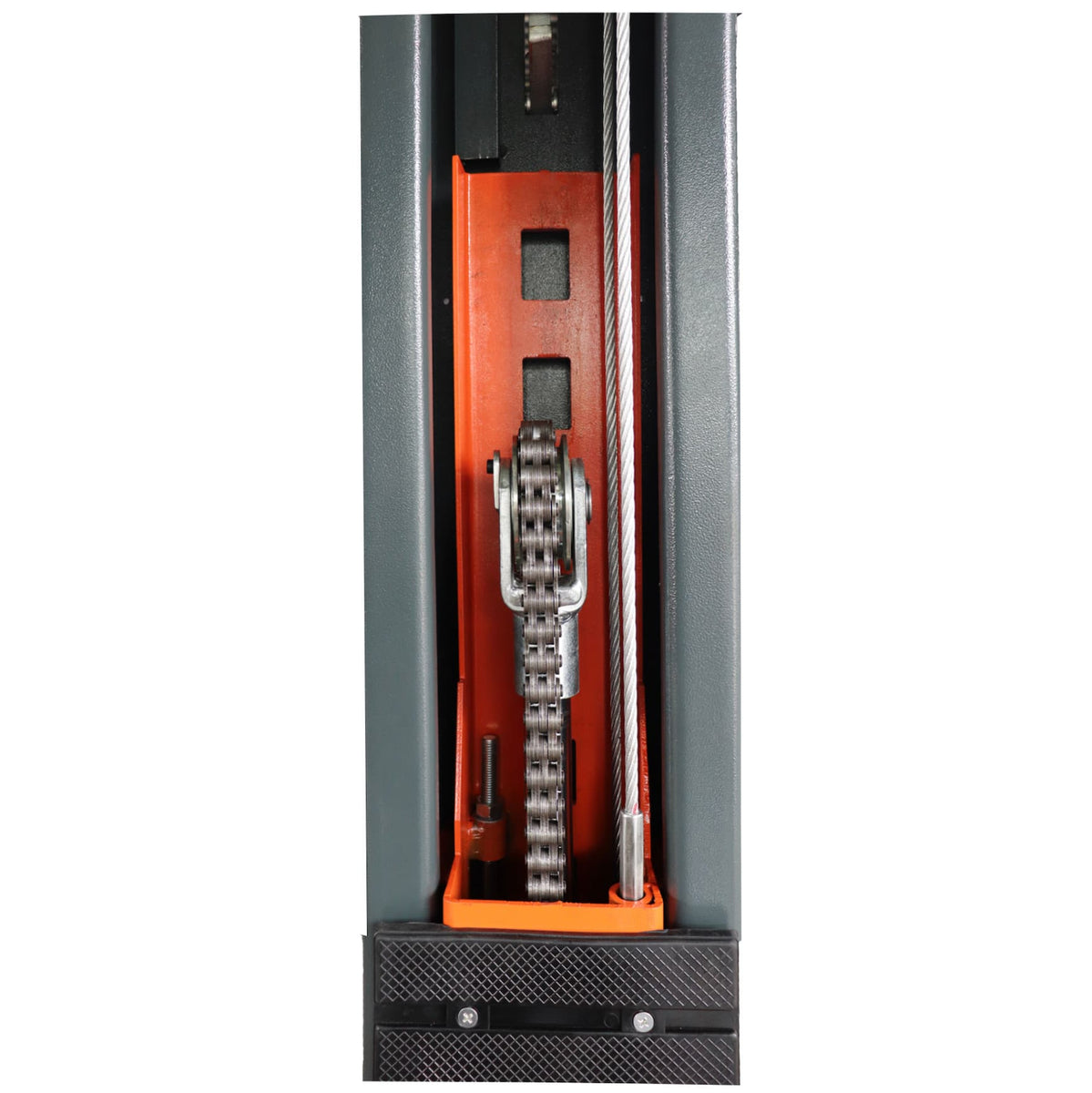 Inside the lift column: equalizer chain over a sheave with the steel lifting cable