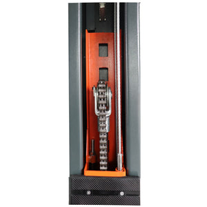 Inside the lift column: equalizer chain over a sheave with the steel lifting cable