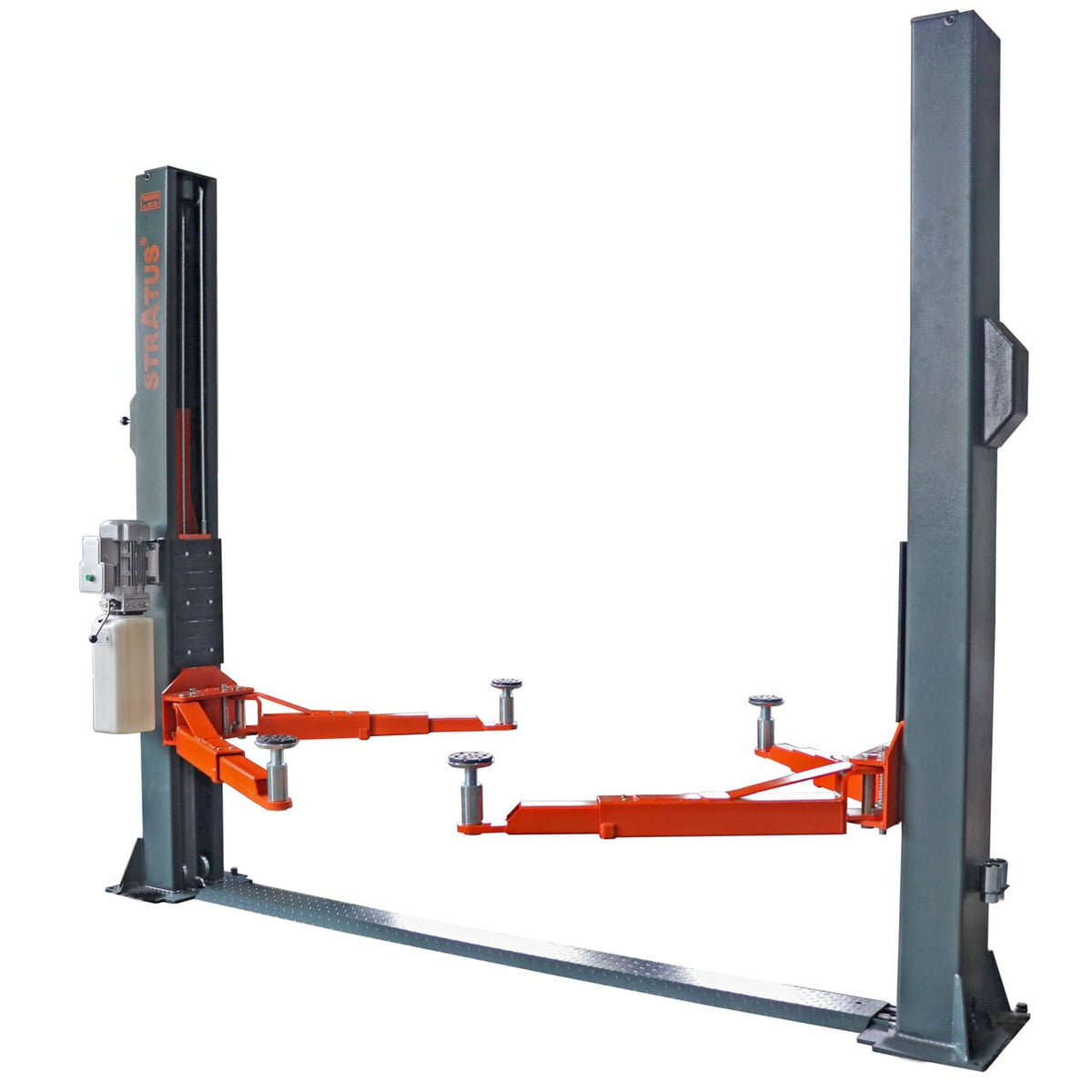 Stratus SAE-F10P 10,000 lb two-post car lift, three-quarter view with floor-plate base and orange lifting arms