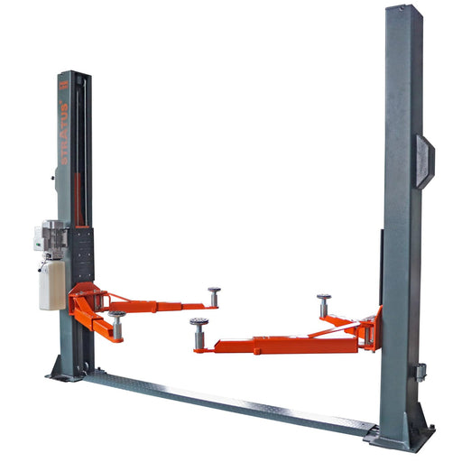 Stratus SAE-F10P 10,000 lb two-post car lift, three-quarter view with floor-plate base and orange lifting arms