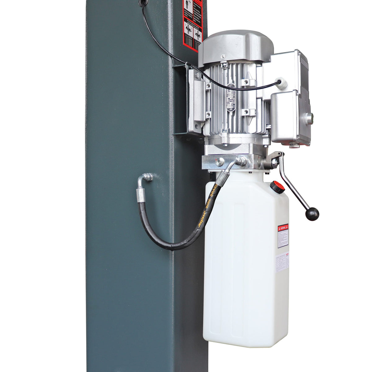 Column-mounted hydraulic power unit with motor, fluid reservoir, hose, and release lever