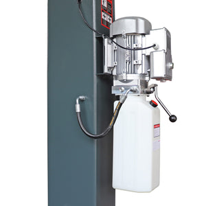 Column-mounted hydraulic power unit with motor, fluid reservoir, hose, and release lever