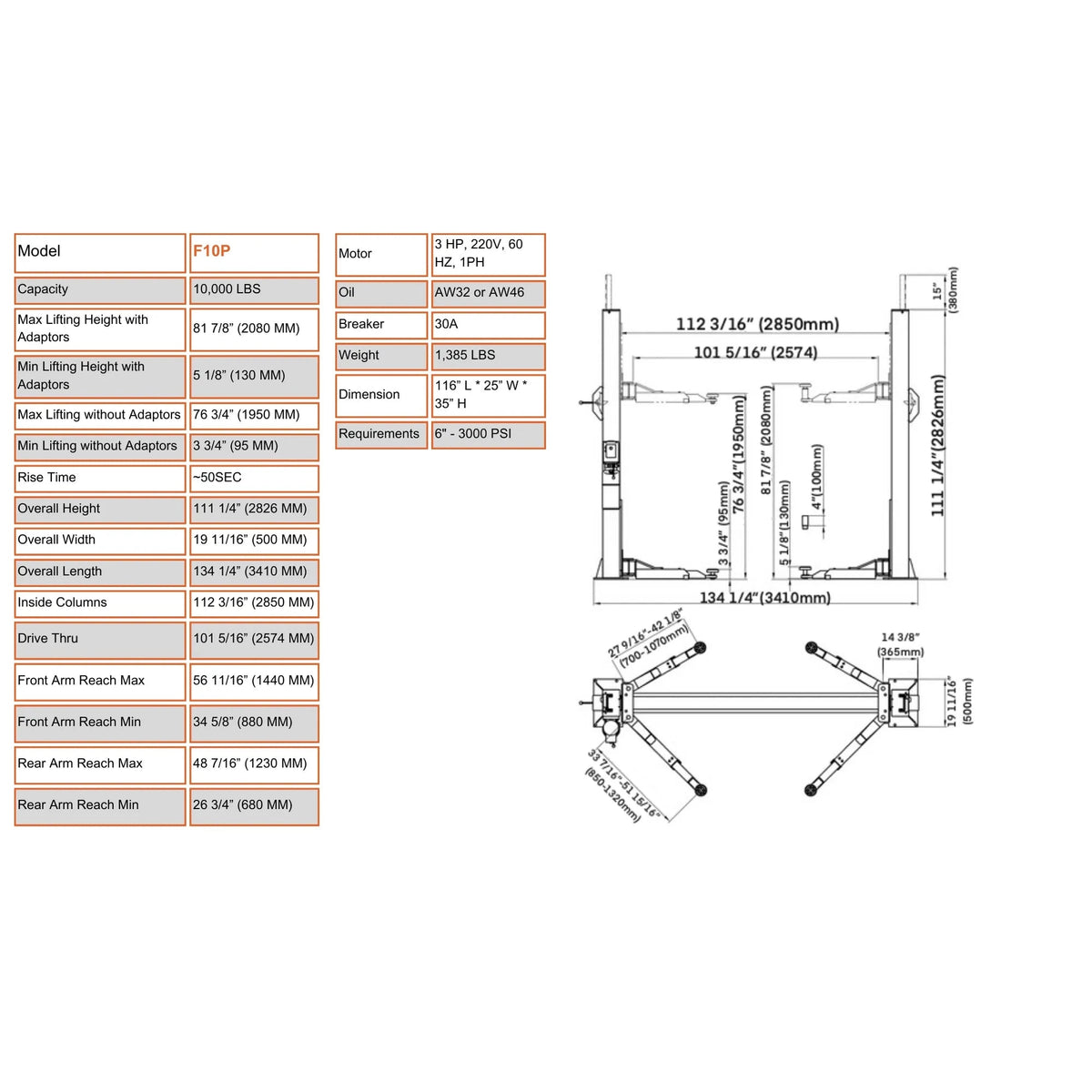 Stratus SAE-F10P specification table and dimension diagram