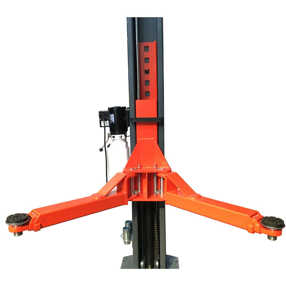 Front view of the lift carriage with both three-stage swing arms extended and rubber pads