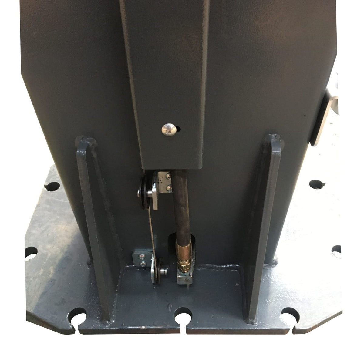Lift column base plate with anchor holes, lower cable sheave, and hydraulic hose