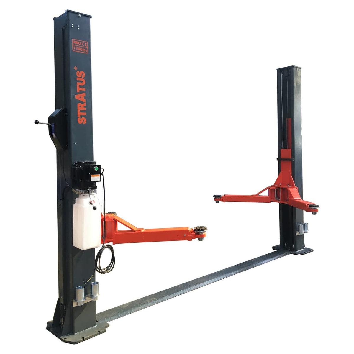 Full view of the Stratus two-post floor plate lift with power unit and one arm extended