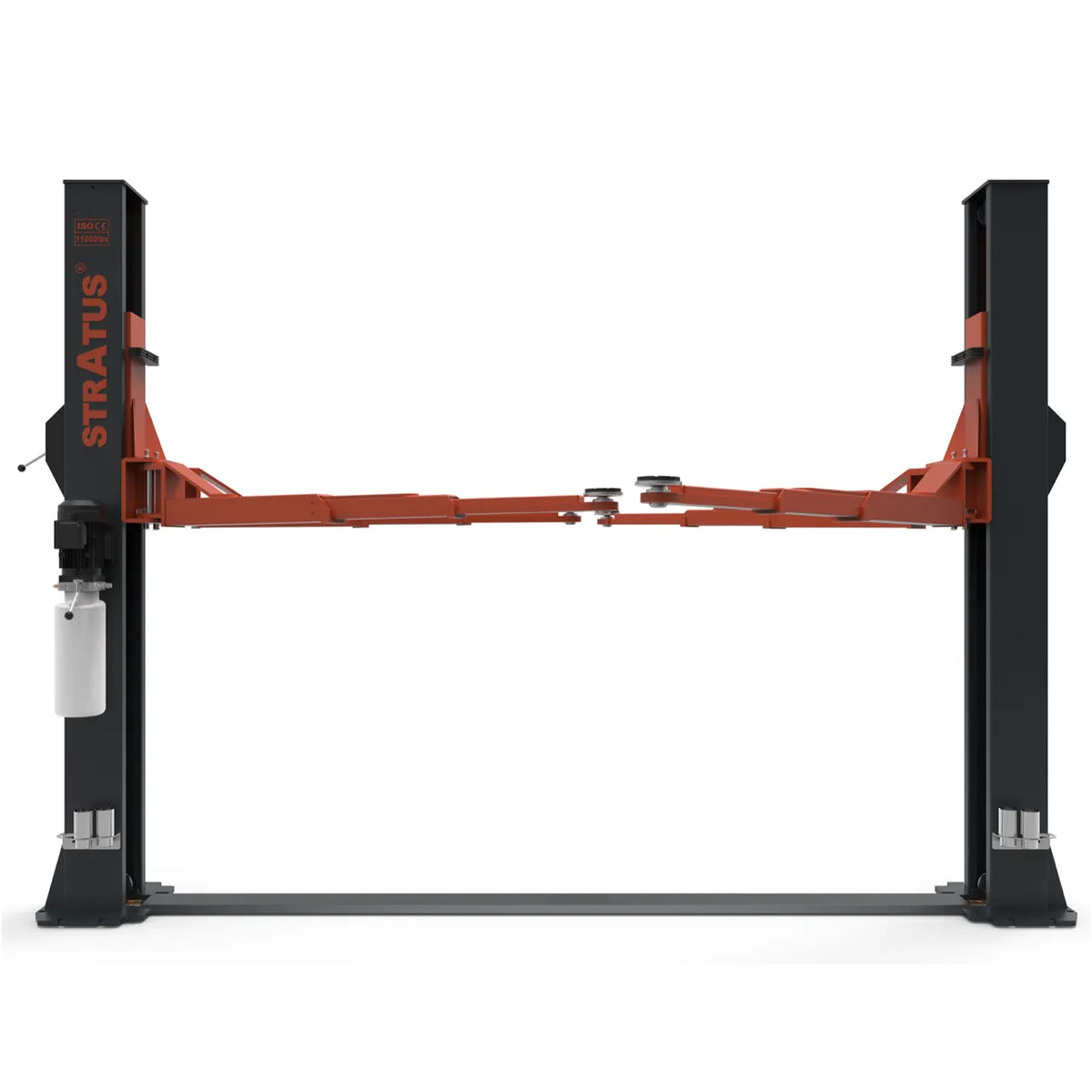 Front-elevation view of the Stratus two-post floor plate lift with folded arms and floor base