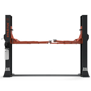 Front-elevation view of the Stratus two-post floor plate lift with folded arms and floor base