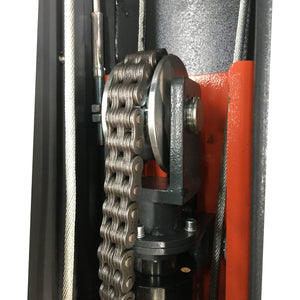 Chain-and-sprocket lift mechanism and steel equalizer cables inside the column