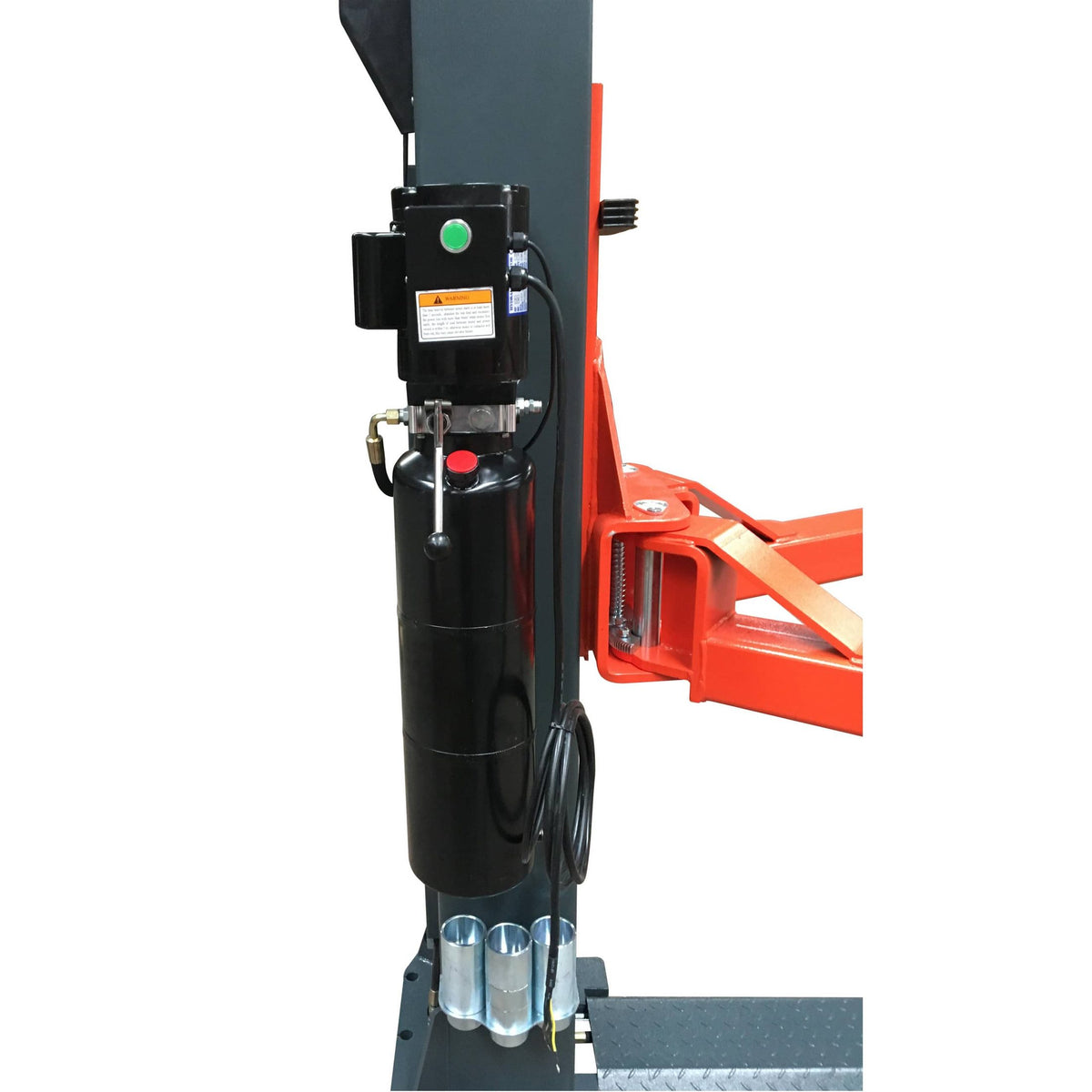 Extended three-stage lifting arm, hydraulic power unit, and truck adapters at the column base