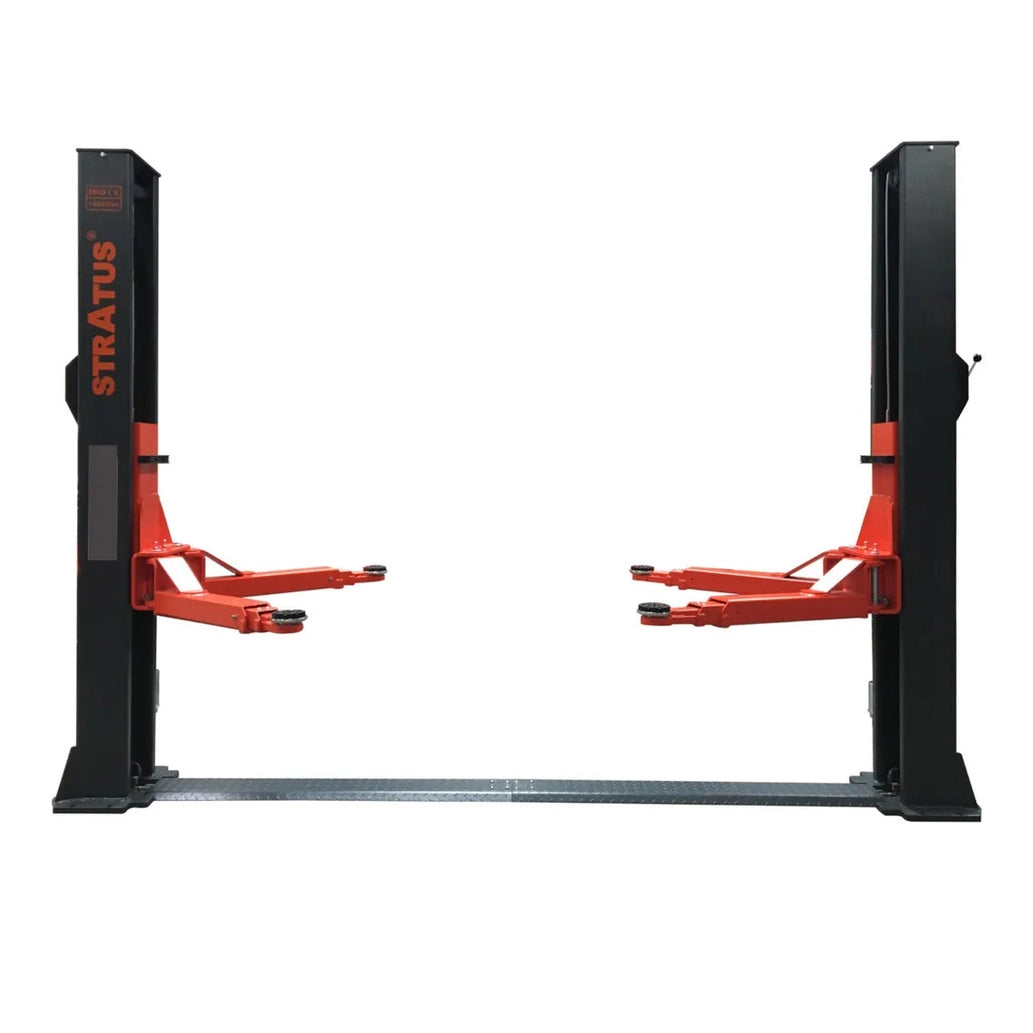 Stratus SAE-F14X two-post floor-plate lift, front view, both columns and connecting floor plate