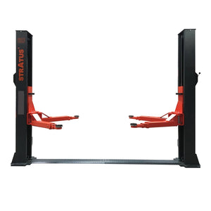 Stratus SAE-F14X two-post floor-plate lift, front view, both columns and connecting floor plate