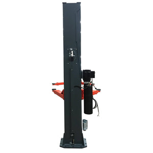 Two-post lift column with side-mounted hydraulic power unit and folded arms