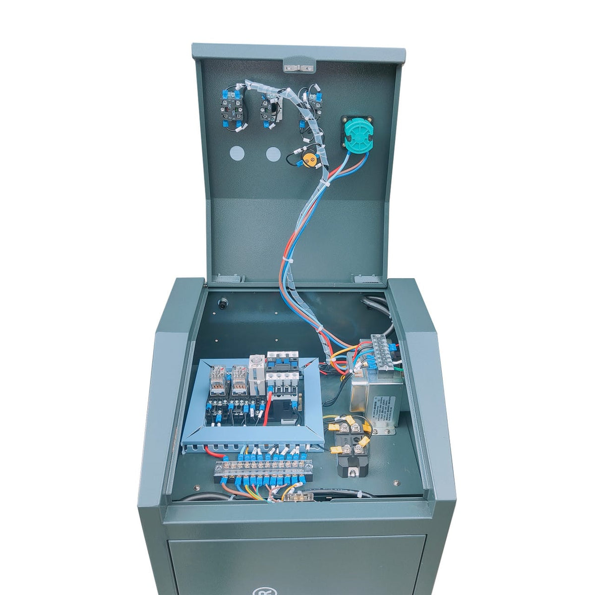 Open control cabinet interior with contactors, control transformer, terminal blocks, and wiring