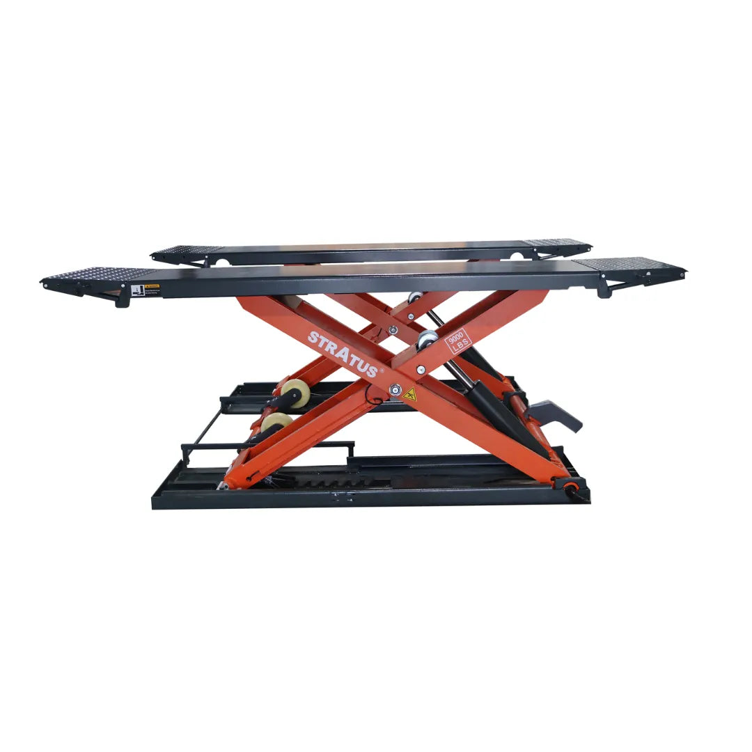 Stratus SAE-MS9000XT scissor lift raised to full height, side profile showing the dual scissor mechanism