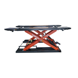 Stratus SAE-MS9000XT scissor lift raised to full height, side profile showing the dual scissor mechanism