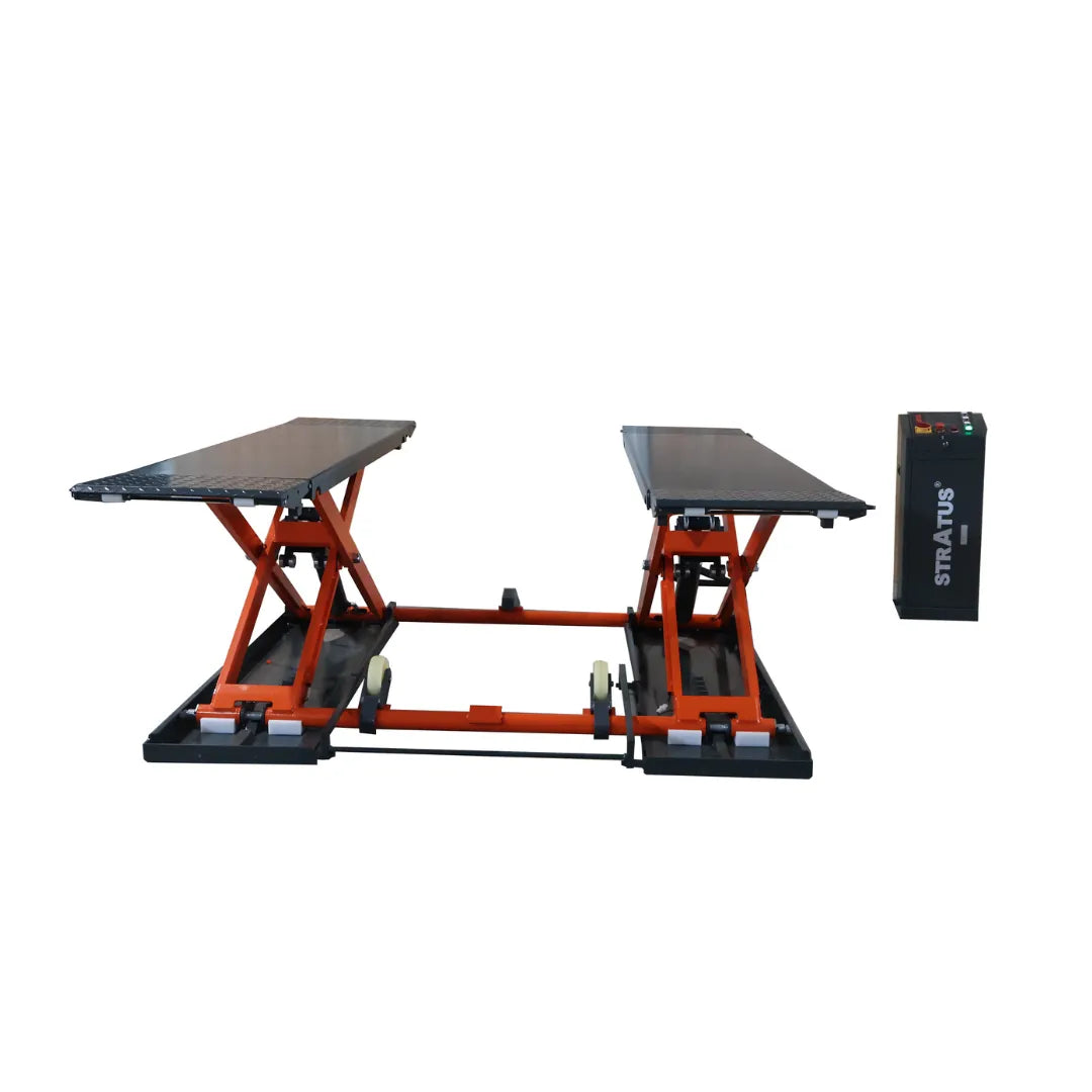 Stratus SAE-MS9000XT mid-rise scissor lift, front view, partially raised, with freestanding control console