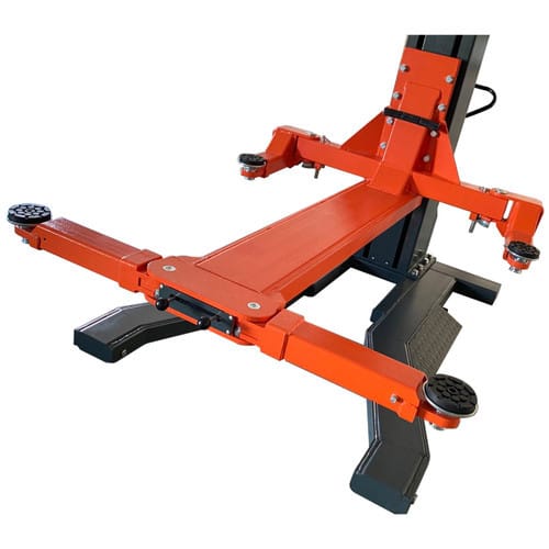 Orange single-post lift swing arms with round rubber lift pads in cross-cradle position