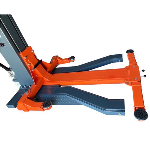 Single-post lift lower assembly: black column, extended orange arms, and wide outrigger base legs