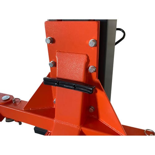 Arm carriage bolted to the column with a black door-protection bumper pad