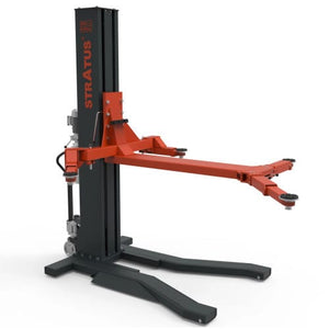 Stratus SAE-S66M single-post mobile car lift with orange swing arms and black outrigger base