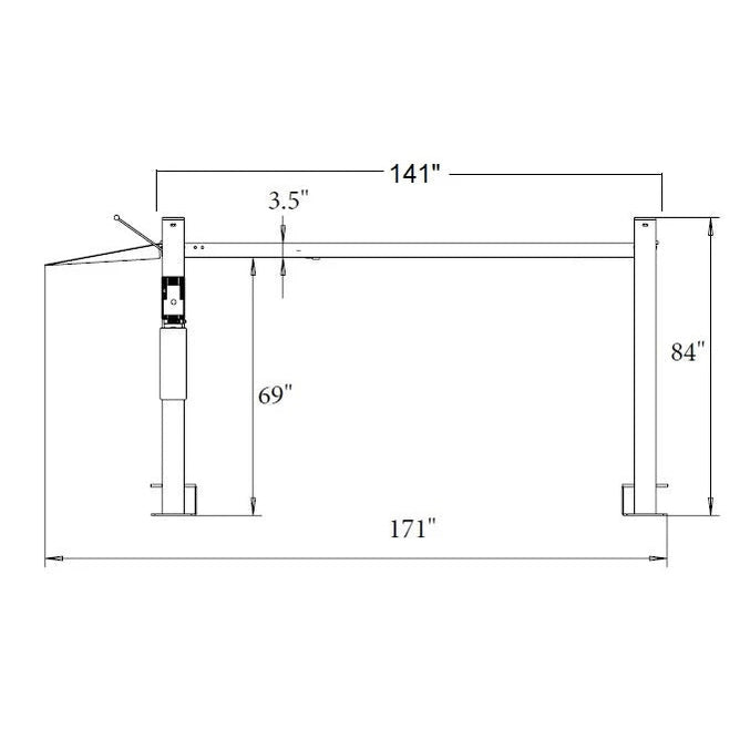 Dimensioned side-view drawing: 84-inch overall height, 69-inch height under runway, 141-inch runway span
