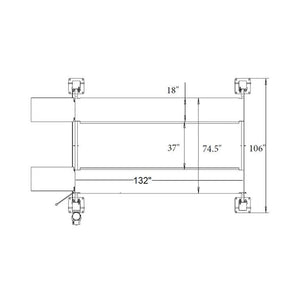 Top-view dimension drawing: 106-inch overall width, 132-inch runways, 37 inches between runways, 18-inch runway width