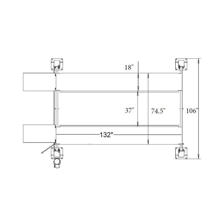 Top-view dimension drawing: 106-inch overall width, 132-inch runways, 37 inches between runways, 18-inch runway width