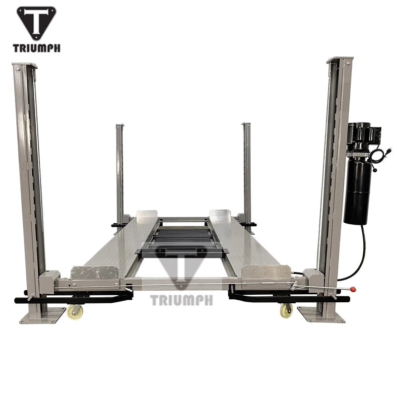 Triumph NSS-8SQ grey four-post lift, front view with runways lowered and column-mounted power unit