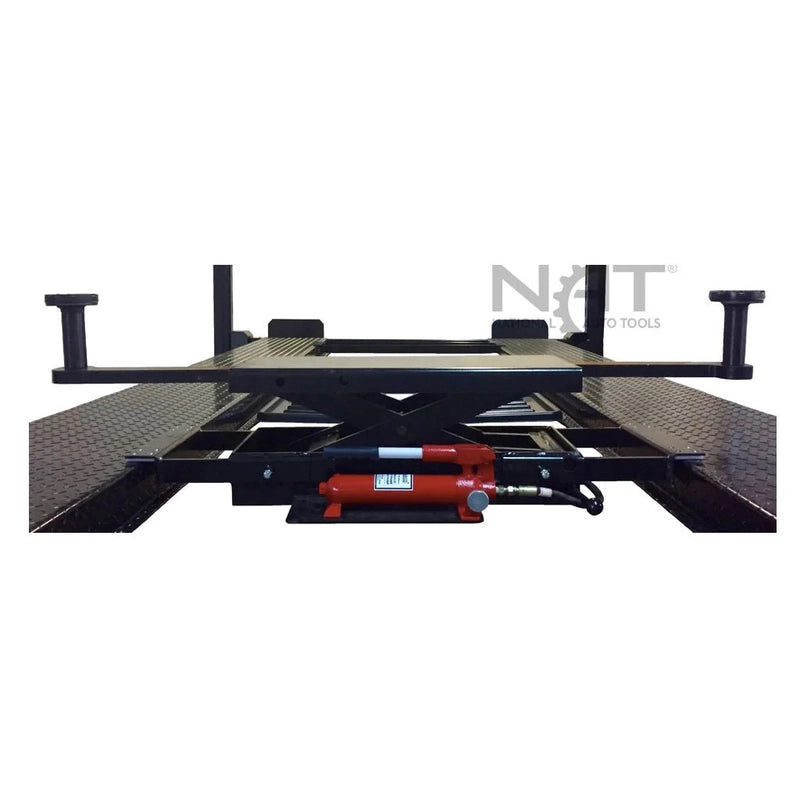 Triumph SJ-35 sliding bridge jack mounted across four-post lift runways with red hydraulic hand pump