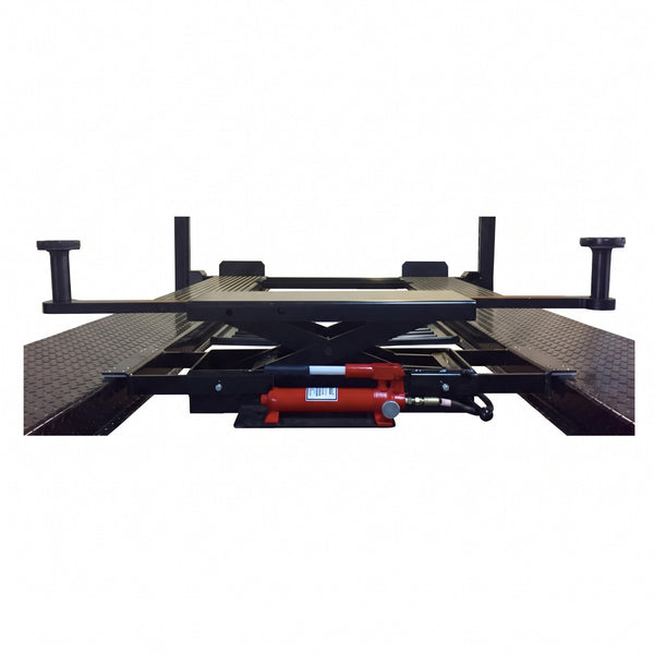 Triumph SJ-35 sliding bridge jack mounted across four-post lift runways with red hydraulic hand pump