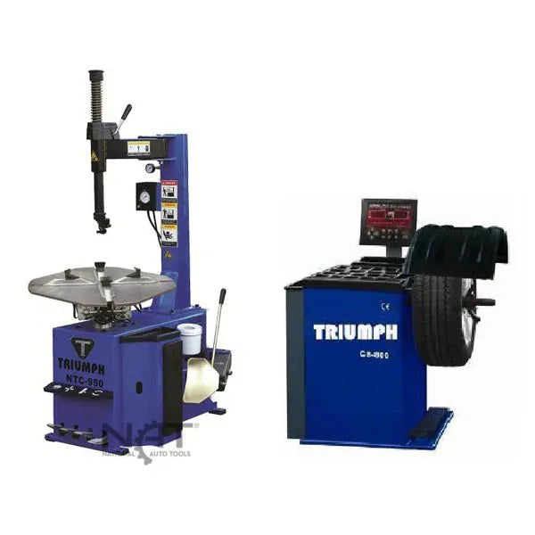 Triumph NTC-950 tire changer and NTB-800 wheel balancer combo, both machines shown together