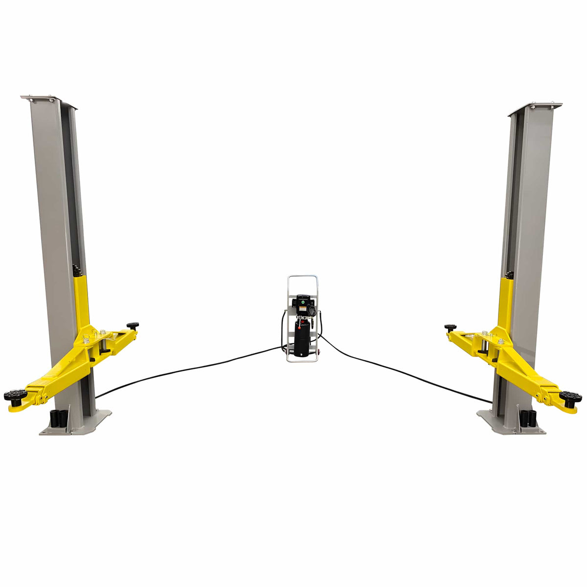Triumph C7000 two-post lift in wide stance demonstrating 48 to 120 inch field-adjustable post-to-post width