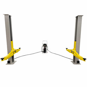 Triumph C7000 two-post lift in wide stance demonstrating 48 to 120 inch field-adjustable post-to-post width
