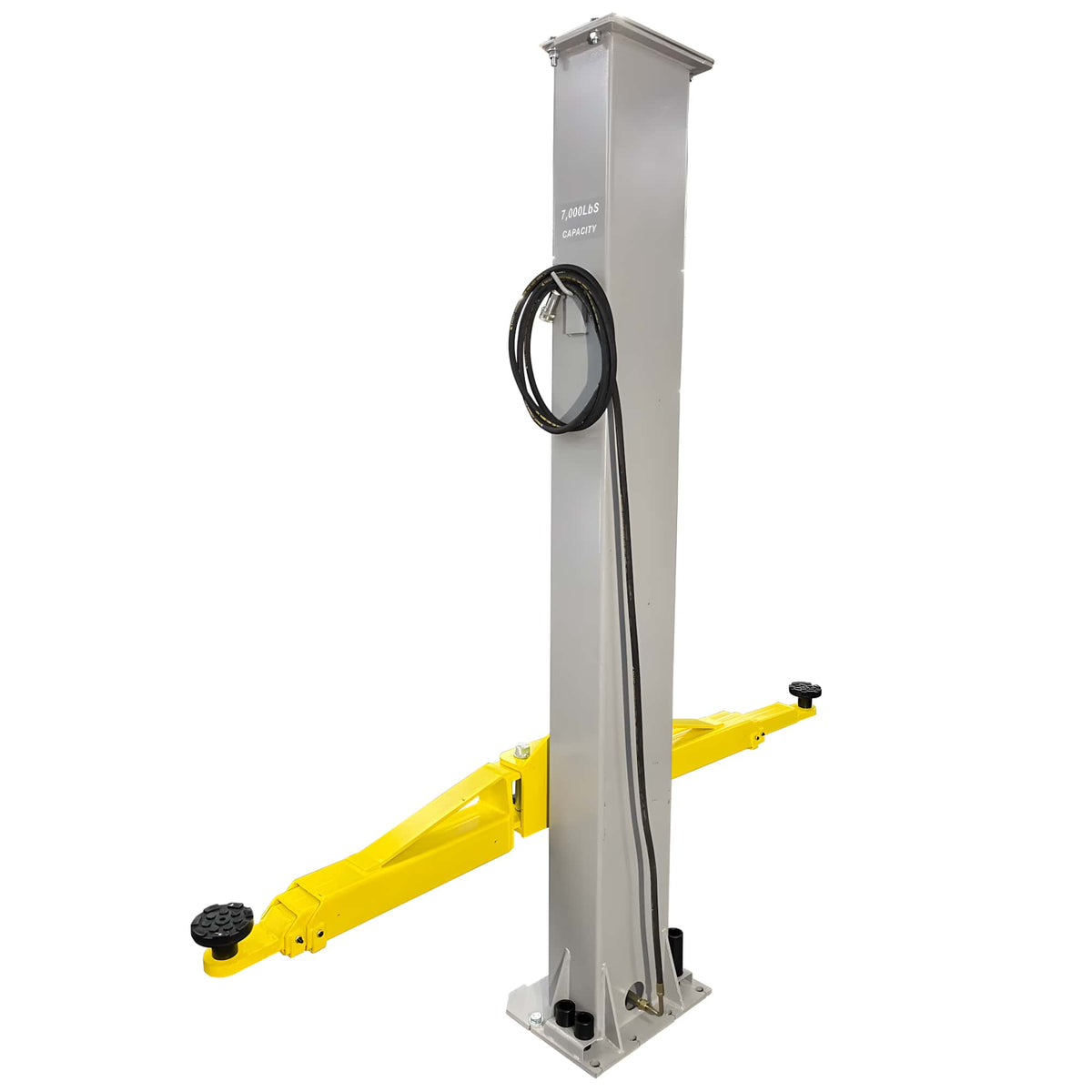Triumph C7000 single column with hydraulic hose routing and 7,000 lb capacity rating label
