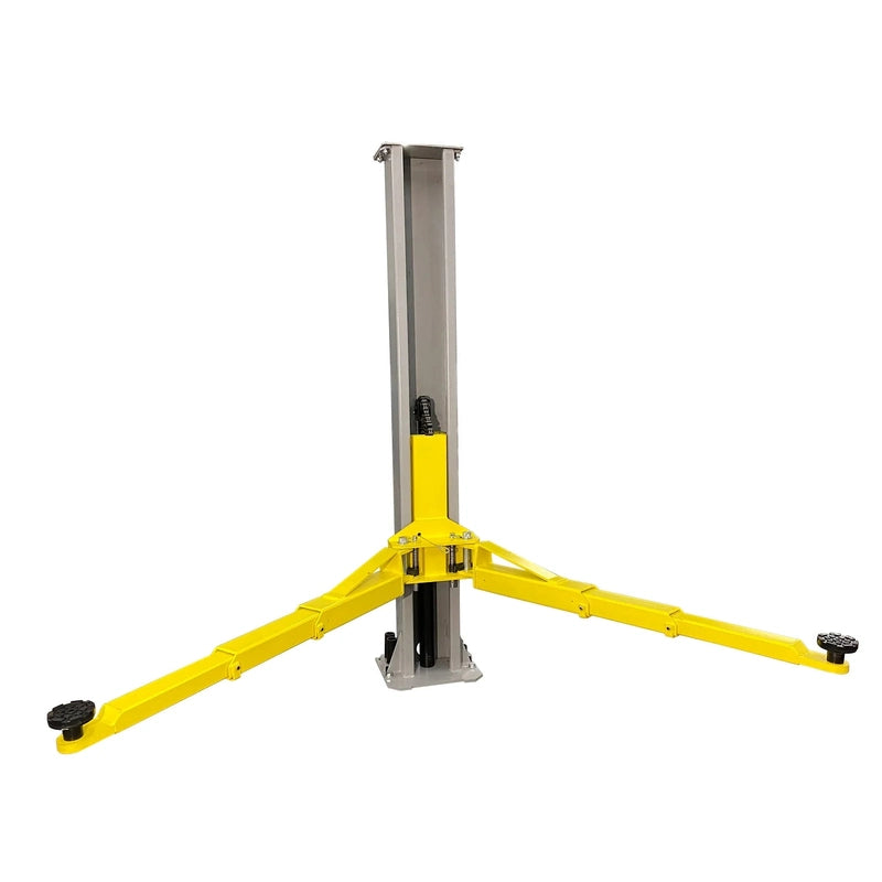 Single lift column with yellow swing arms and black rubber pads extended