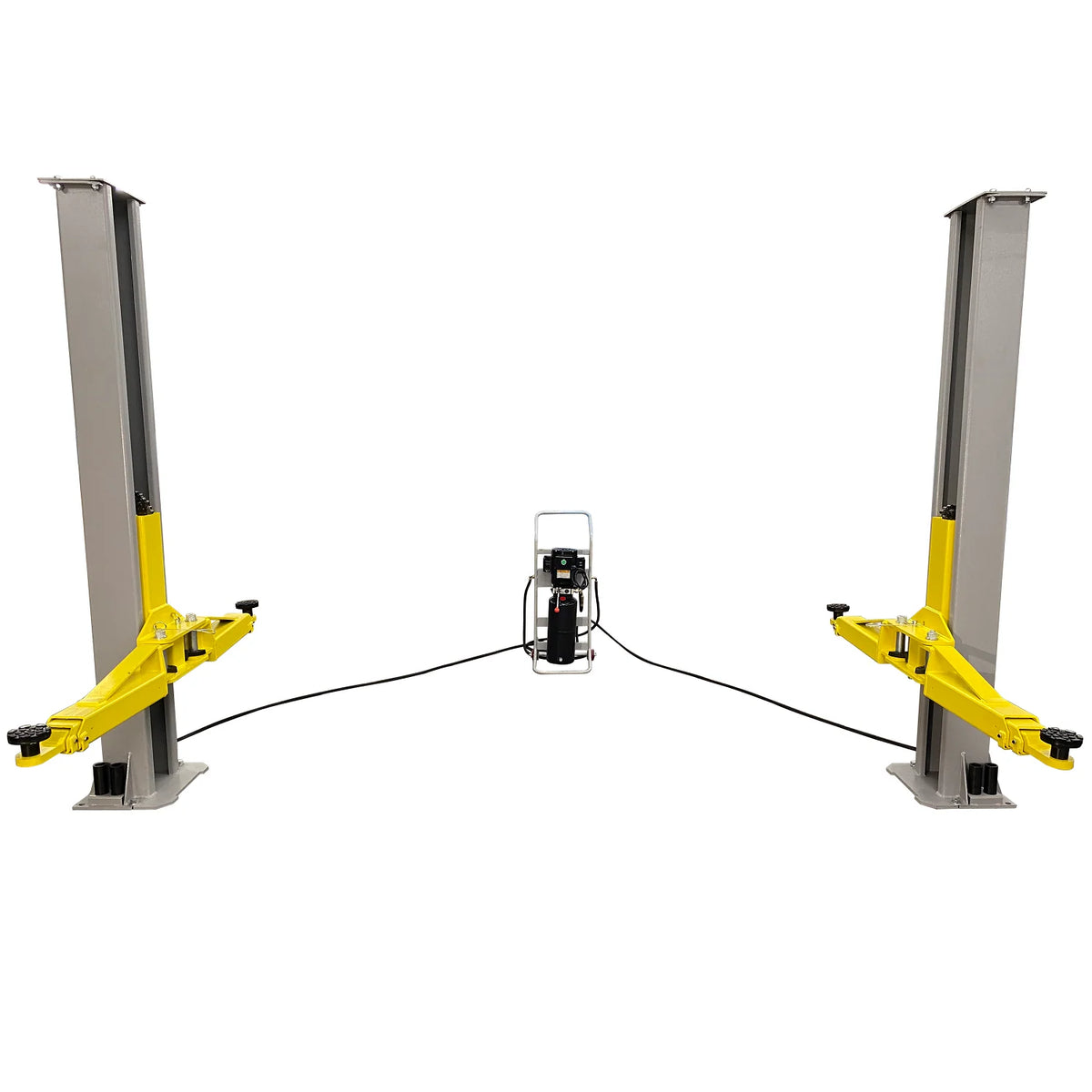 Both posts set wide apart with portable power unit connected at center