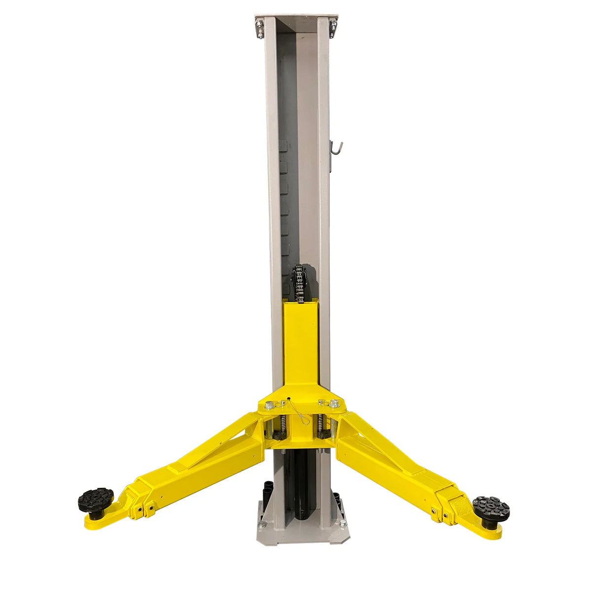 Lift column showing internal lifting chain, hydraulic cylinder, and base plate