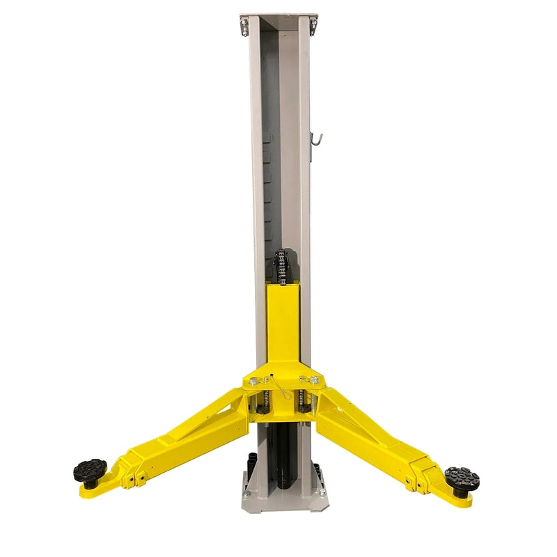 Lift column showing internal lifting chain, hydraulic cylinder, and base plate